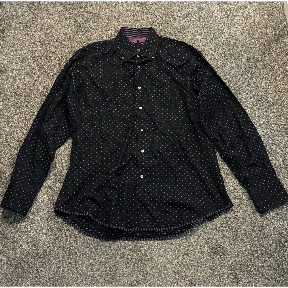 Robert Graham Long Sleeve Embroidered Dress Shirt, Black w Purple Polka Dots XL